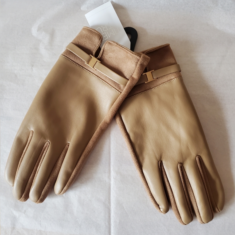 Tan Winter Womens Gloves With Gold Decor Size L/XL New